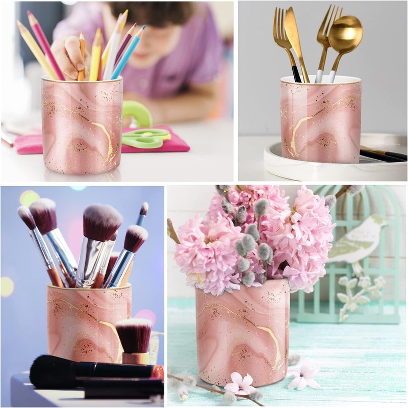 WAVEYU Large Capacity Colored Pen Holder for Desk, Ceramic Pencil Holder Pen Cup Marker Holder Makeup Brush Holders, Desk Accessories & Workspace Organizers for Home, Office, Red Marble - Image 3
